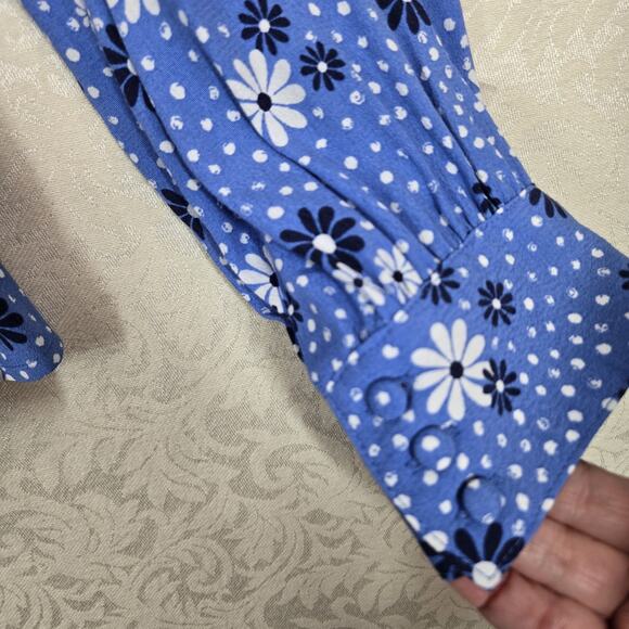 Talbots Poet Sleeve Faux Wrap Top sz L Blue White Flowers Dots Boho - Picture 8 of 15